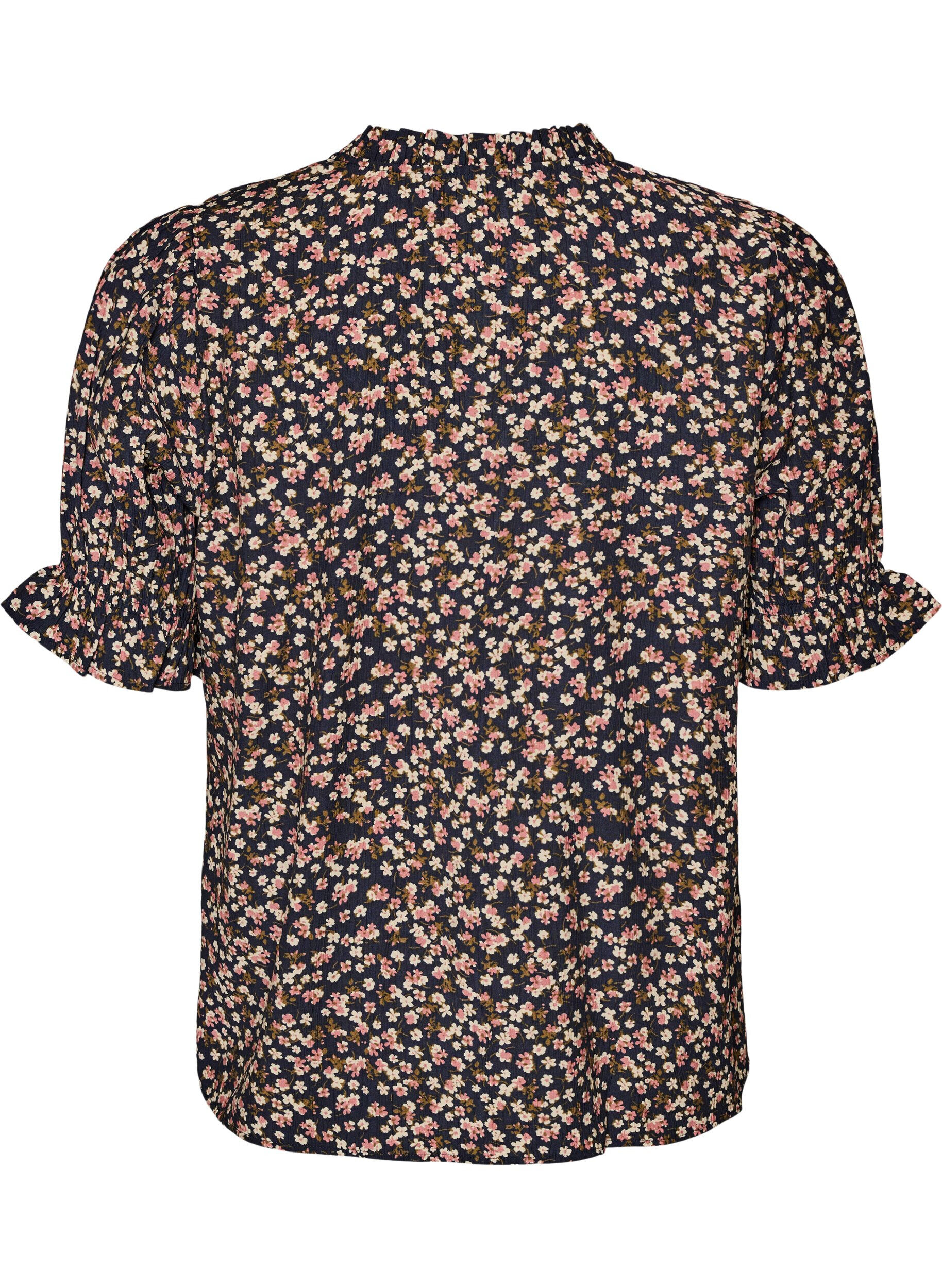 ZizziBlouse &agrave; imprim&eacute; floral en viscose avec manches courtes et d&eacute;tails smock&eacute;s, Bleu, Packshot image number 1