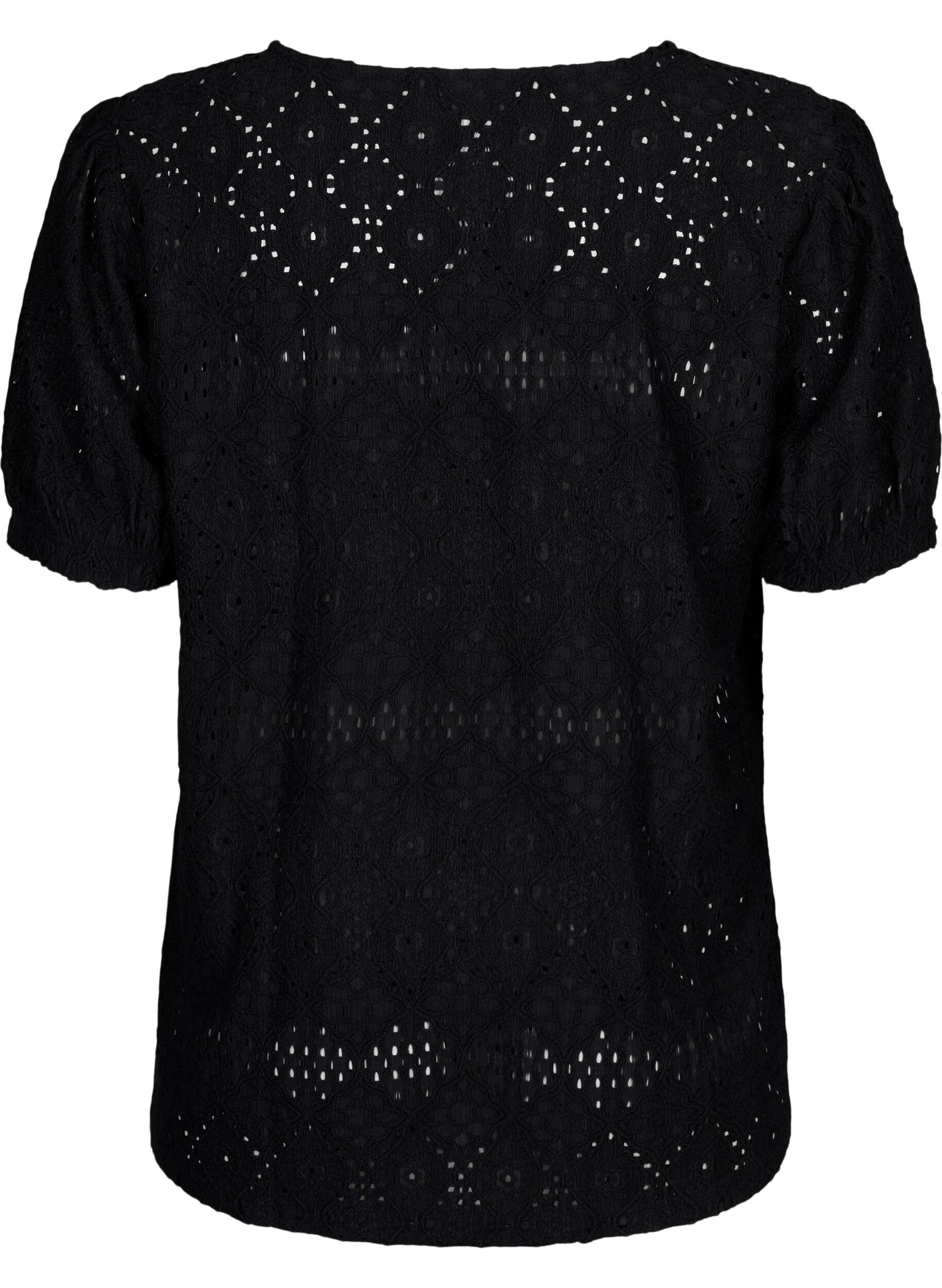 Zizzi  Kurz&auml;rmelige Bluse mit Lochmuster, Black, Packshot image number 1