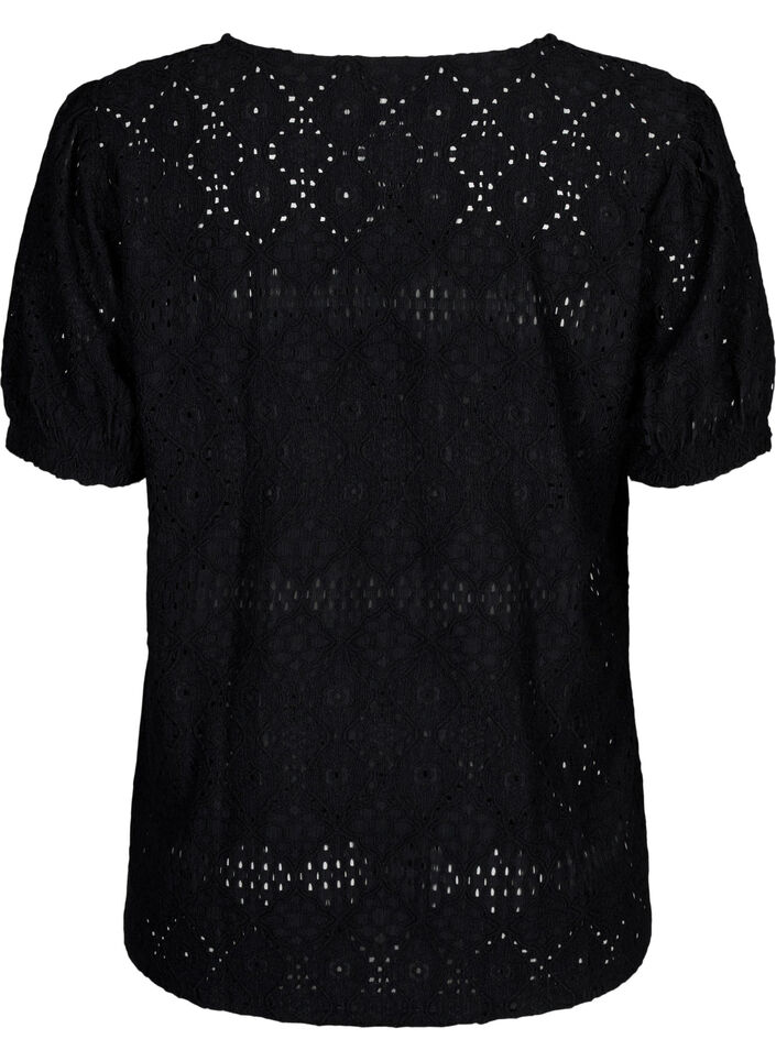  Kurzärmelige Bluse mit Lochmuster, Black, Packshot image number 1