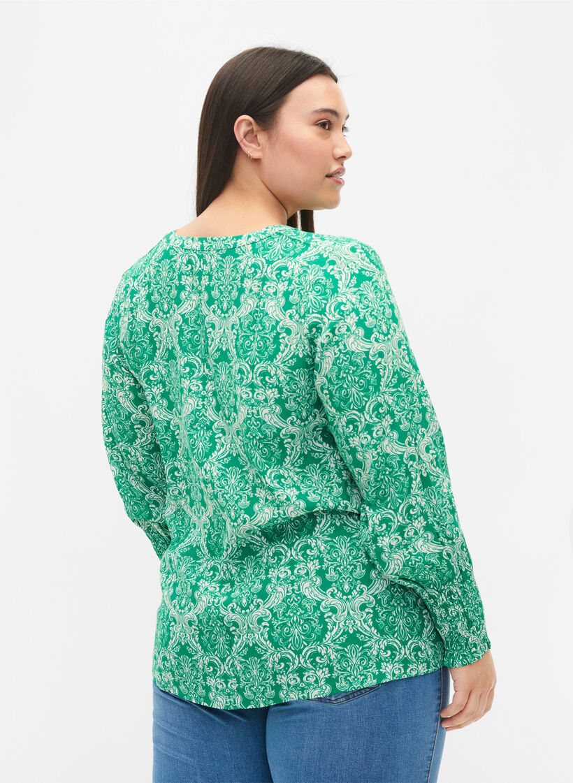 Blouse en viscose imprimée avec smock, Jolly Green Oriental, Model image number 1