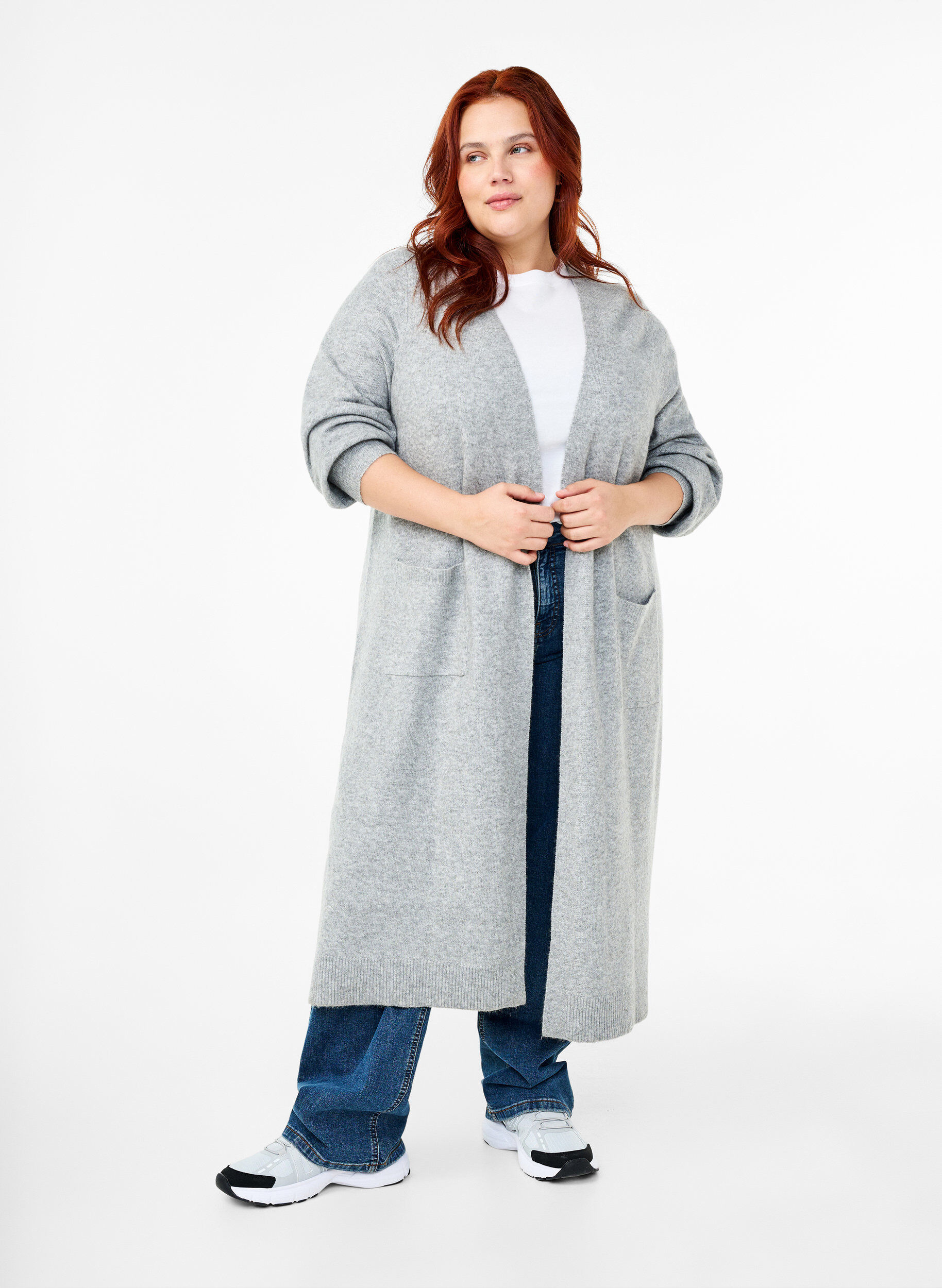 Zizzi Long cardigan tricot&eacute; avec poches, Light Grey Melange, Model image number 2