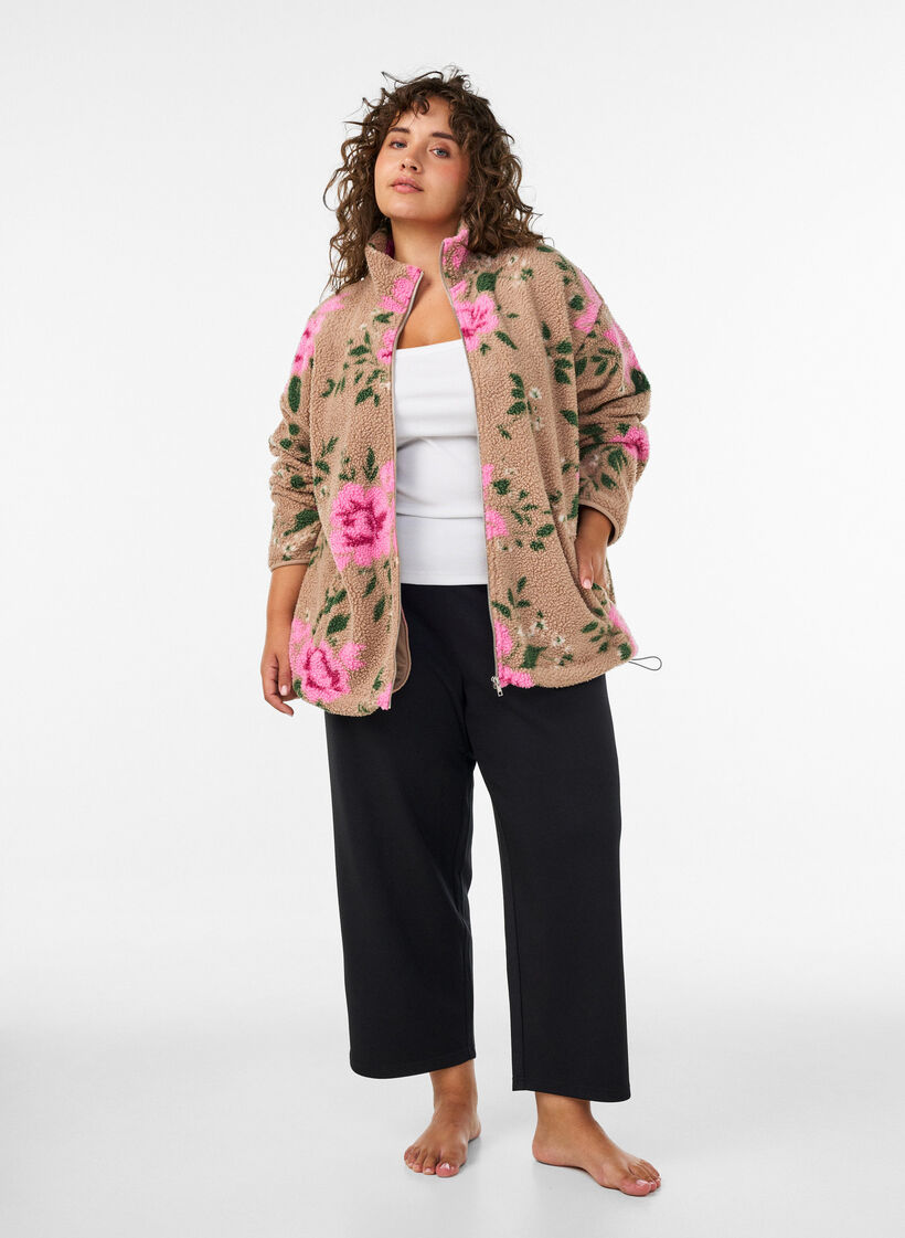 Gebl&uuml;mte Fleecejacke mit hohem Kragen und Rei&szlig;verschluss, Beige, Model image number 1