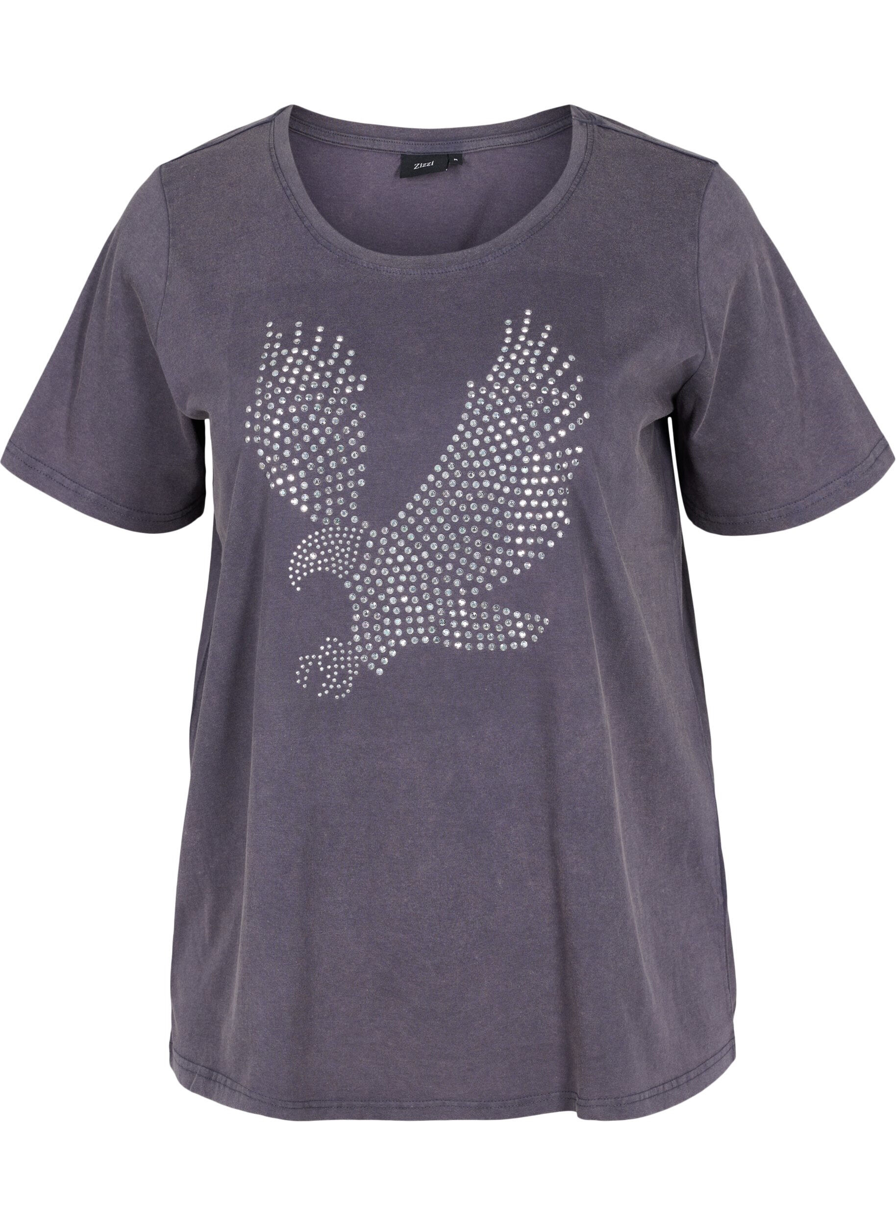Zizzi Acid Wash T-Shirt aus Baumwolle mit Ziersteinen, Dark Grey Wash, Packshot image number 0