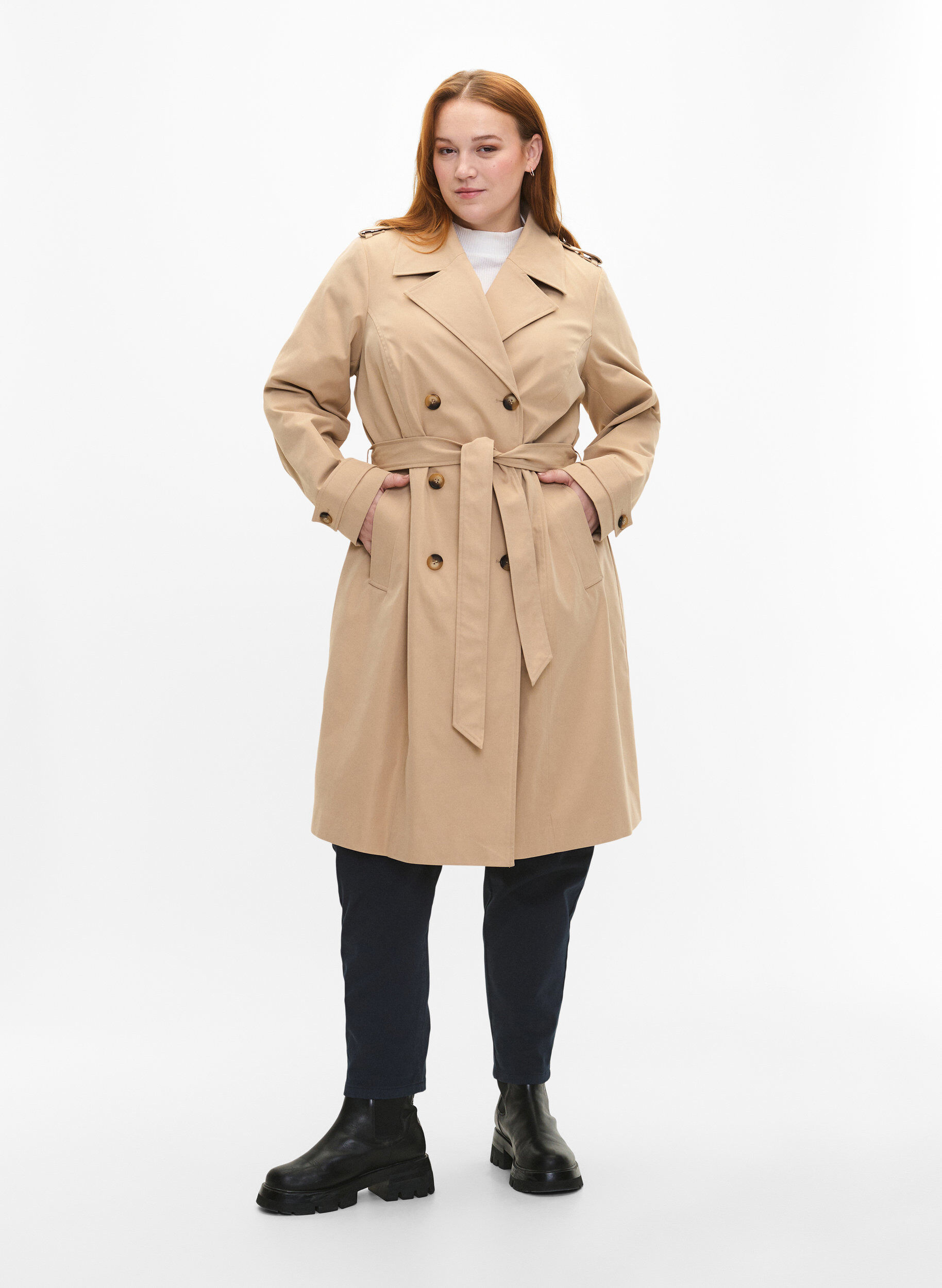 Zizzi Trenchcoat mit Taschen und G&uuml;rtel, Nomad, Model image number 3