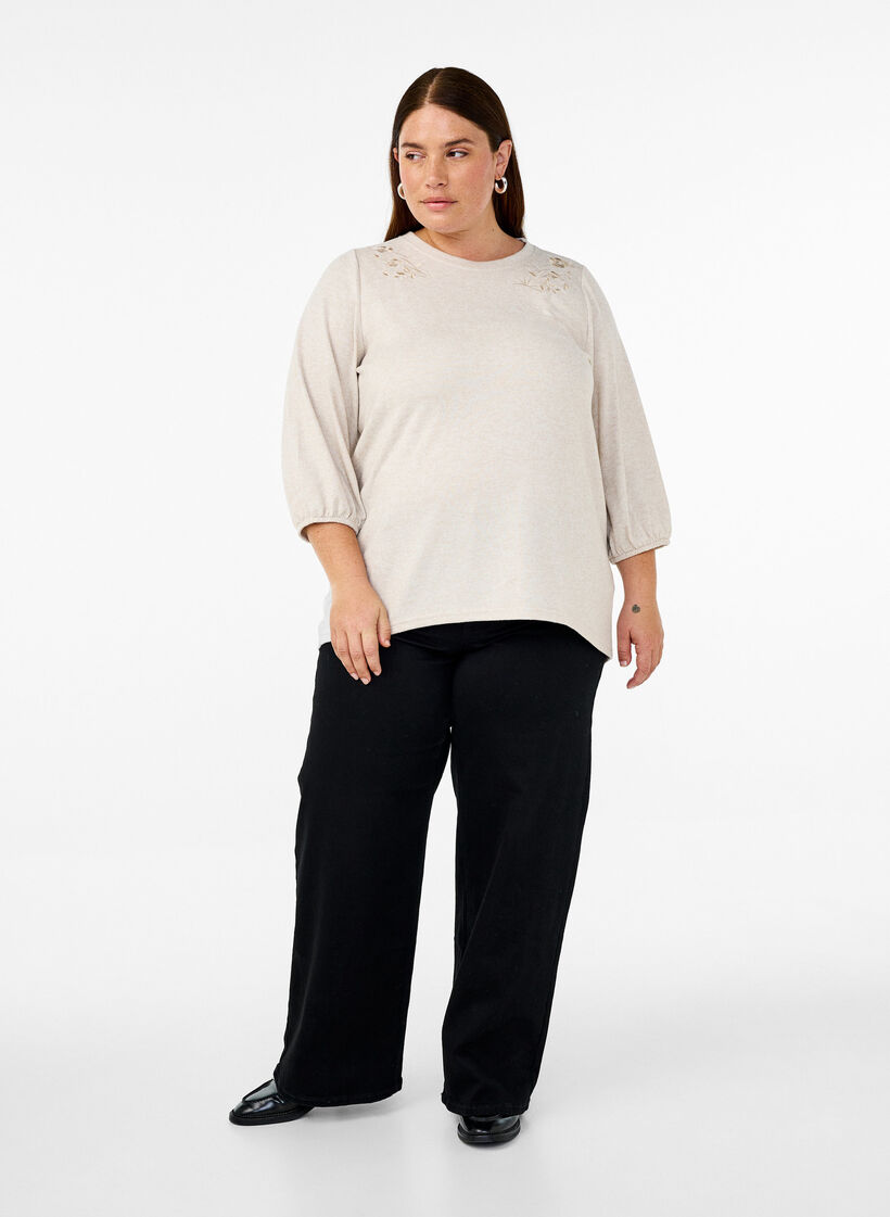 Chemisier avec broderie florale et manches 3/4, Oatmeal Melange, Model image number 2