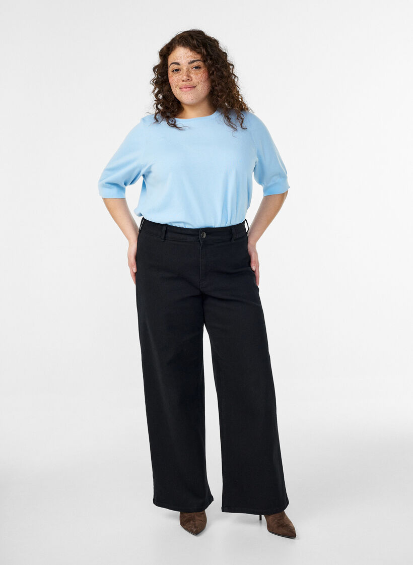 Blouse en fine maille &agrave; manches courtes, Bleu Clair, Model image number 1