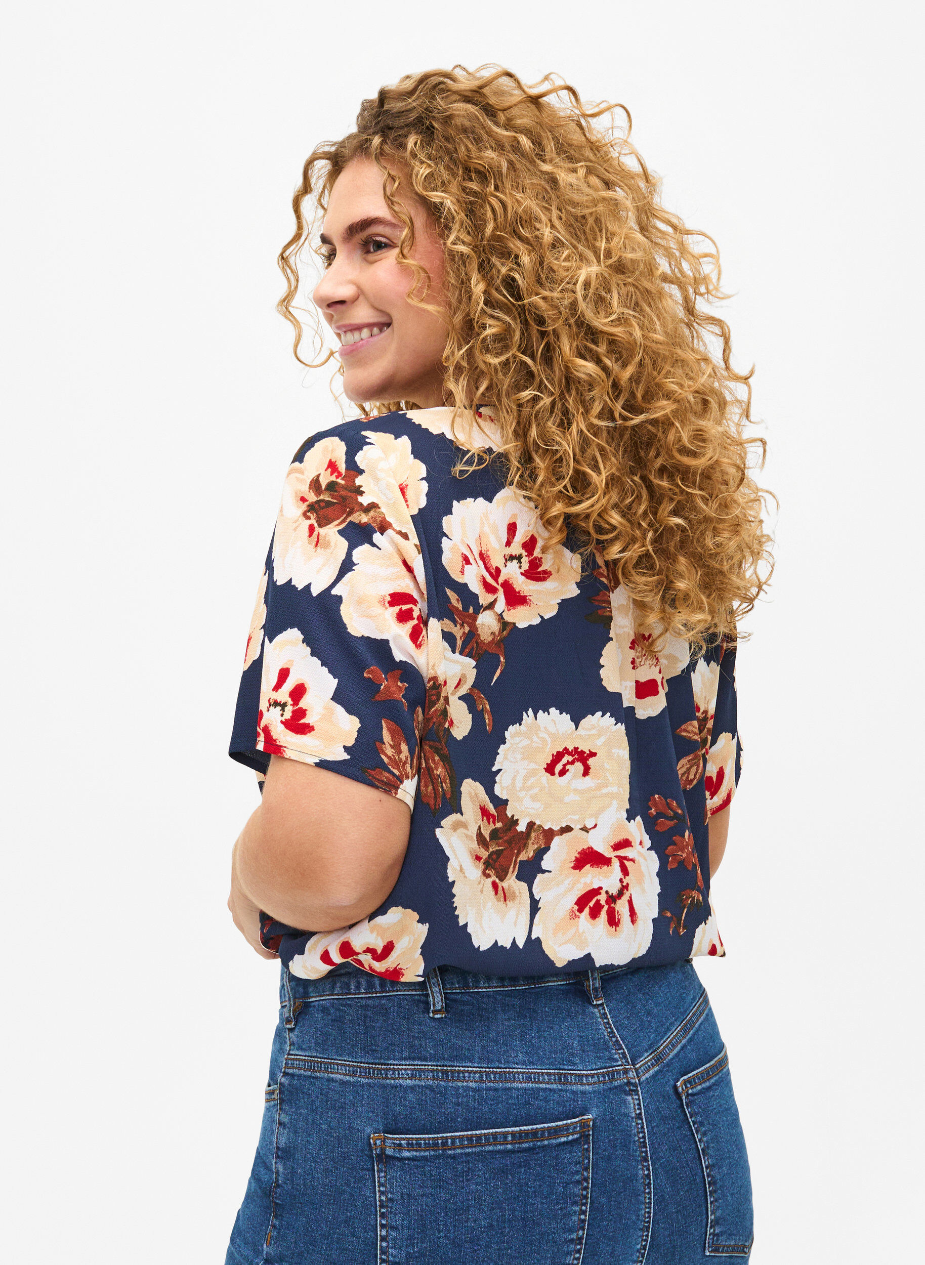 ZizziBlouse &agrave; manches courtes et encolure en V , Bleu, Model image number 2