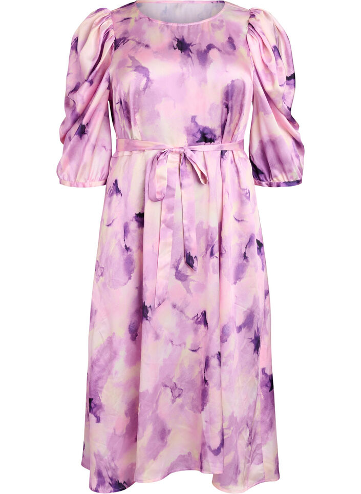 Partykleid mit kurzen &Auml;rmeln und Bindeg&uuml;rtel, Lila, Packshot image number 0