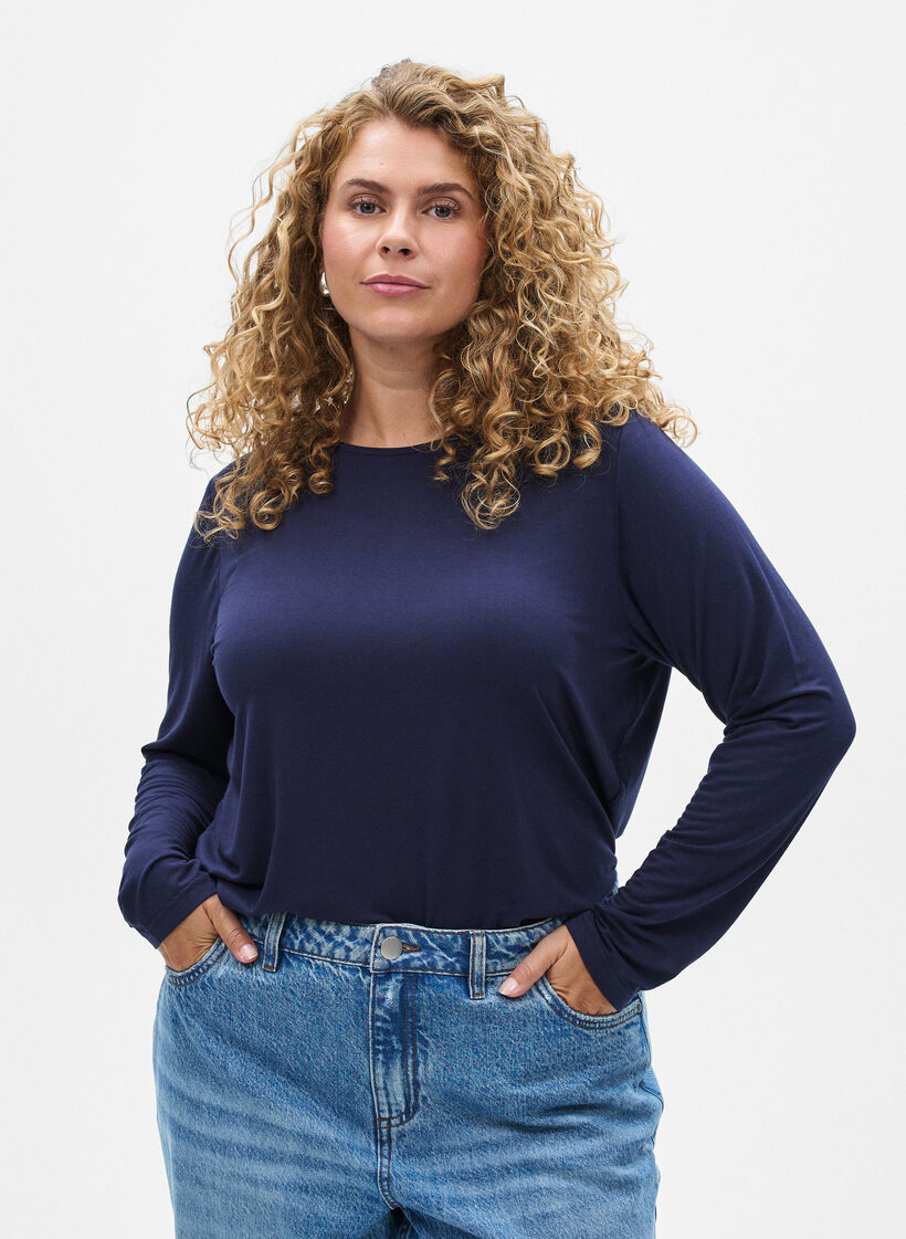 Einfarbige Bluse mit langen &Auml;rmeln, Blau, Model image number 0