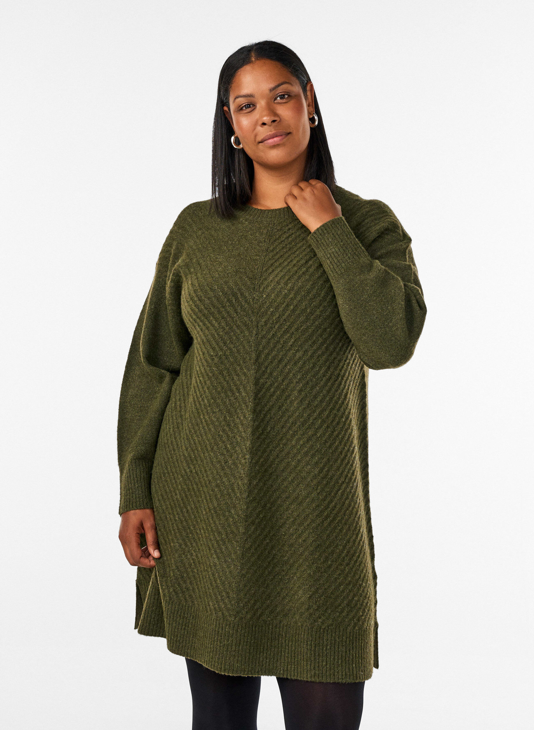 ZizziRobe courte en maille avec un motif textur&eacute; en V, Vert fonc&eacute;, Model image number 0