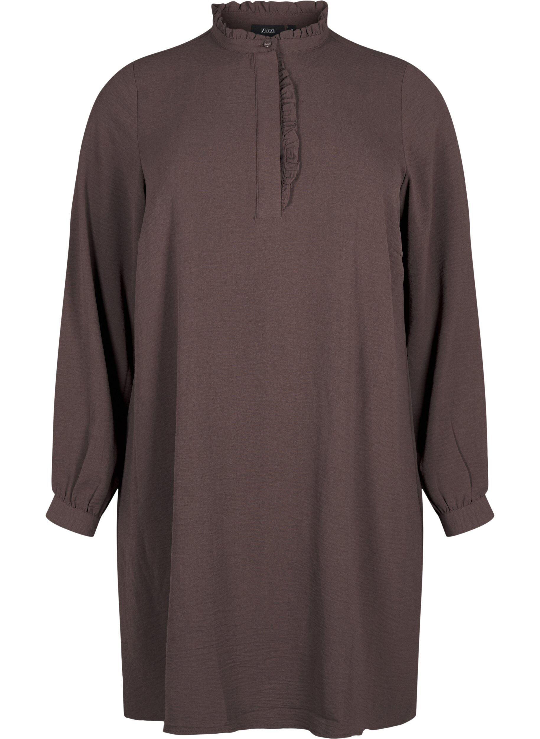 Zizzi Robe &agrave; manches longues avec d&eacute;tails volant&eacute;s, Chocolate Martini, Packshot image number 0