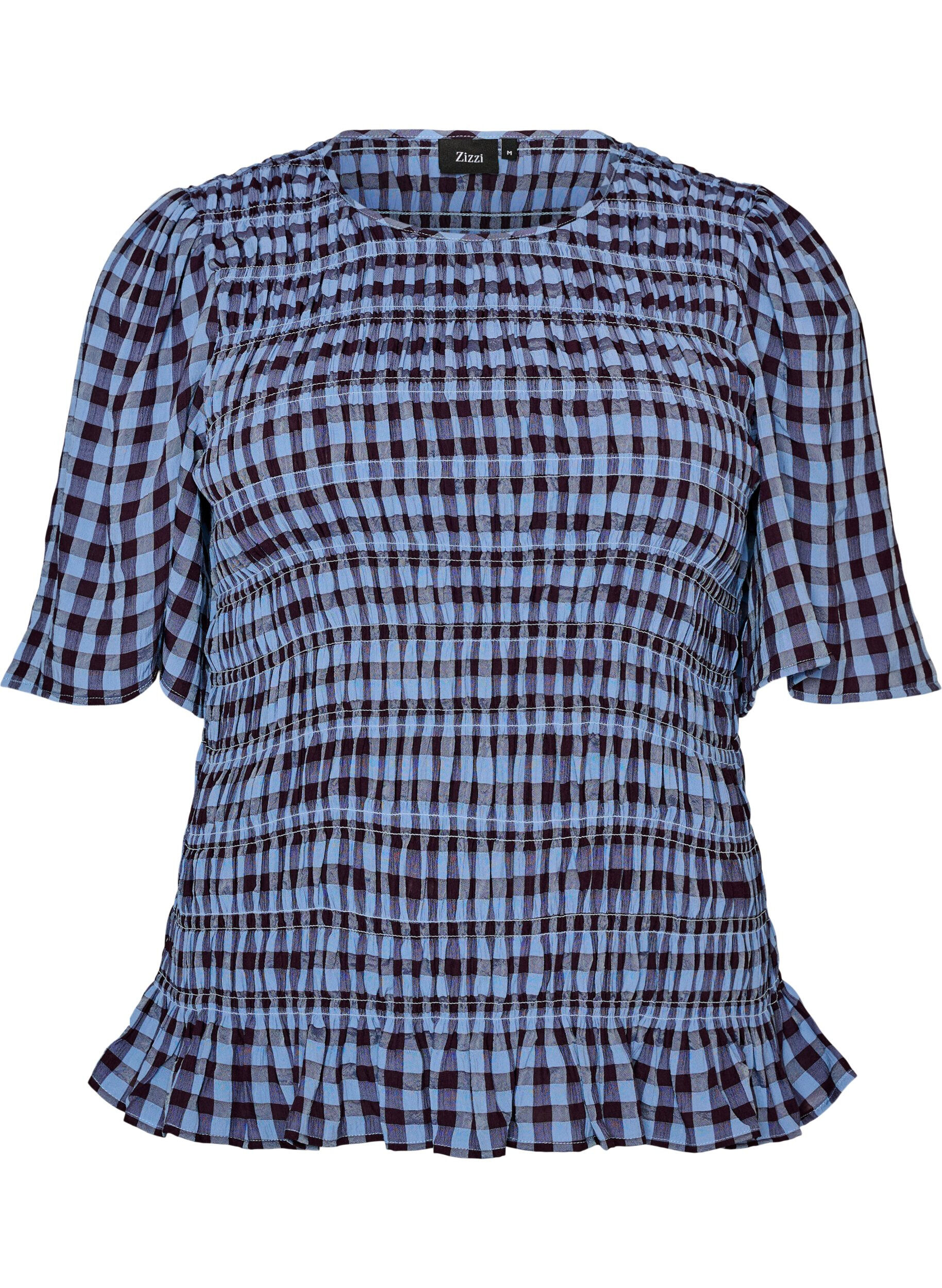 Blouse smock&eacute;e &agrave; carreaux vichy et ourlet &agrave; volants