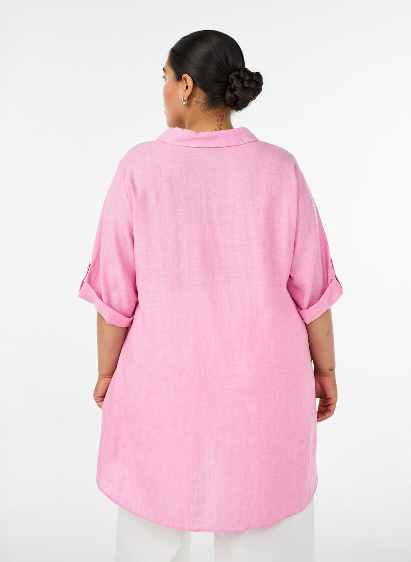 Linen and viscose tunic with A-shape, Pink, Model image number 2