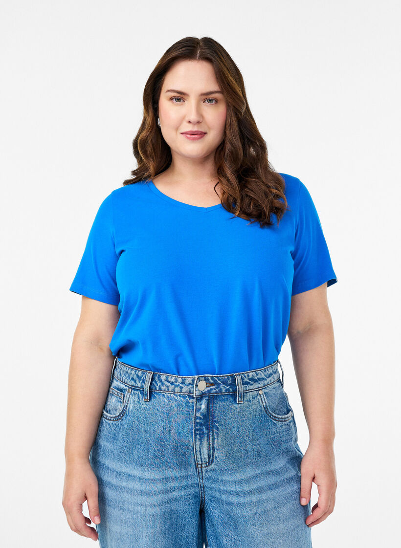 T-shirt en coton uni basique, Bleu, Model image number 0