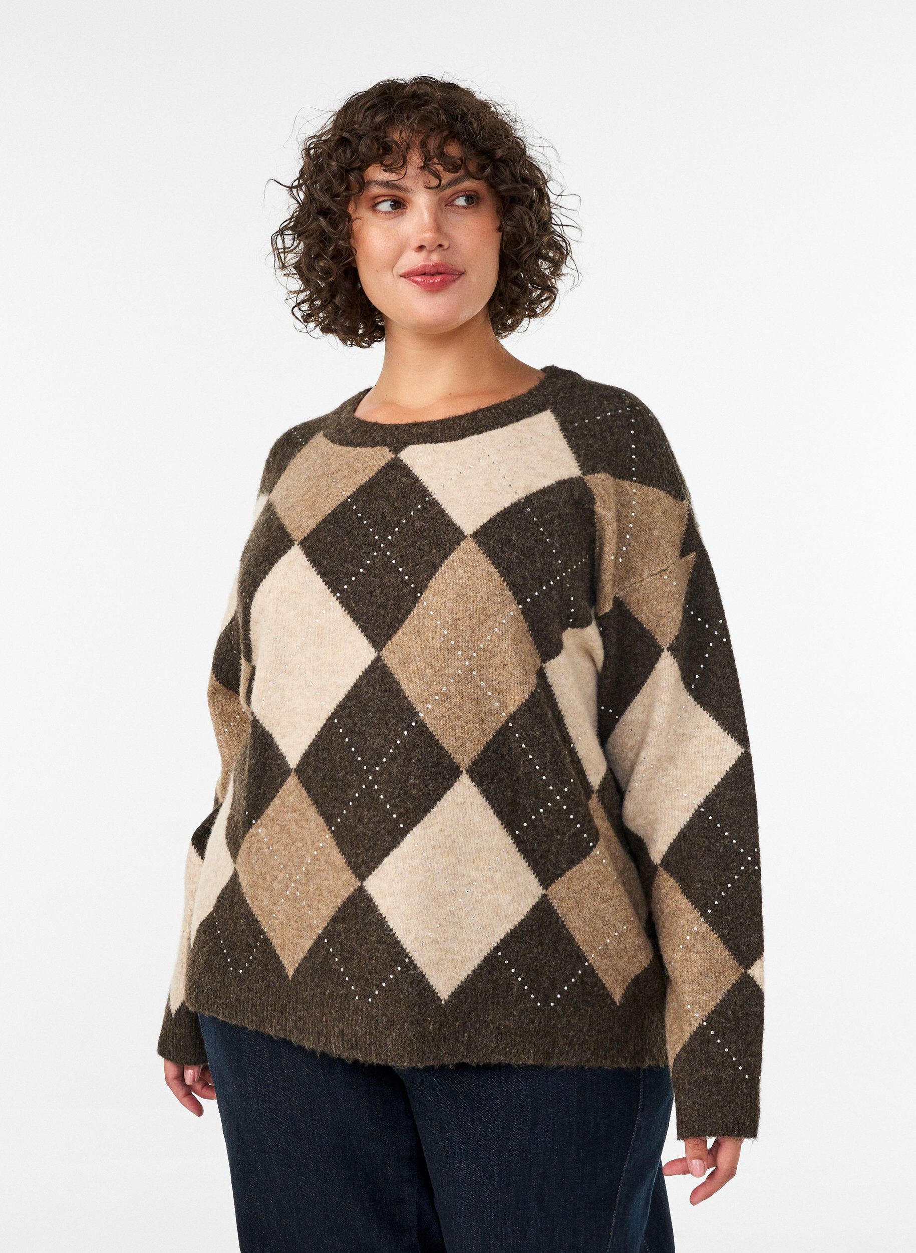 Haut en maille avec motif losanges et strass, Marron, Model