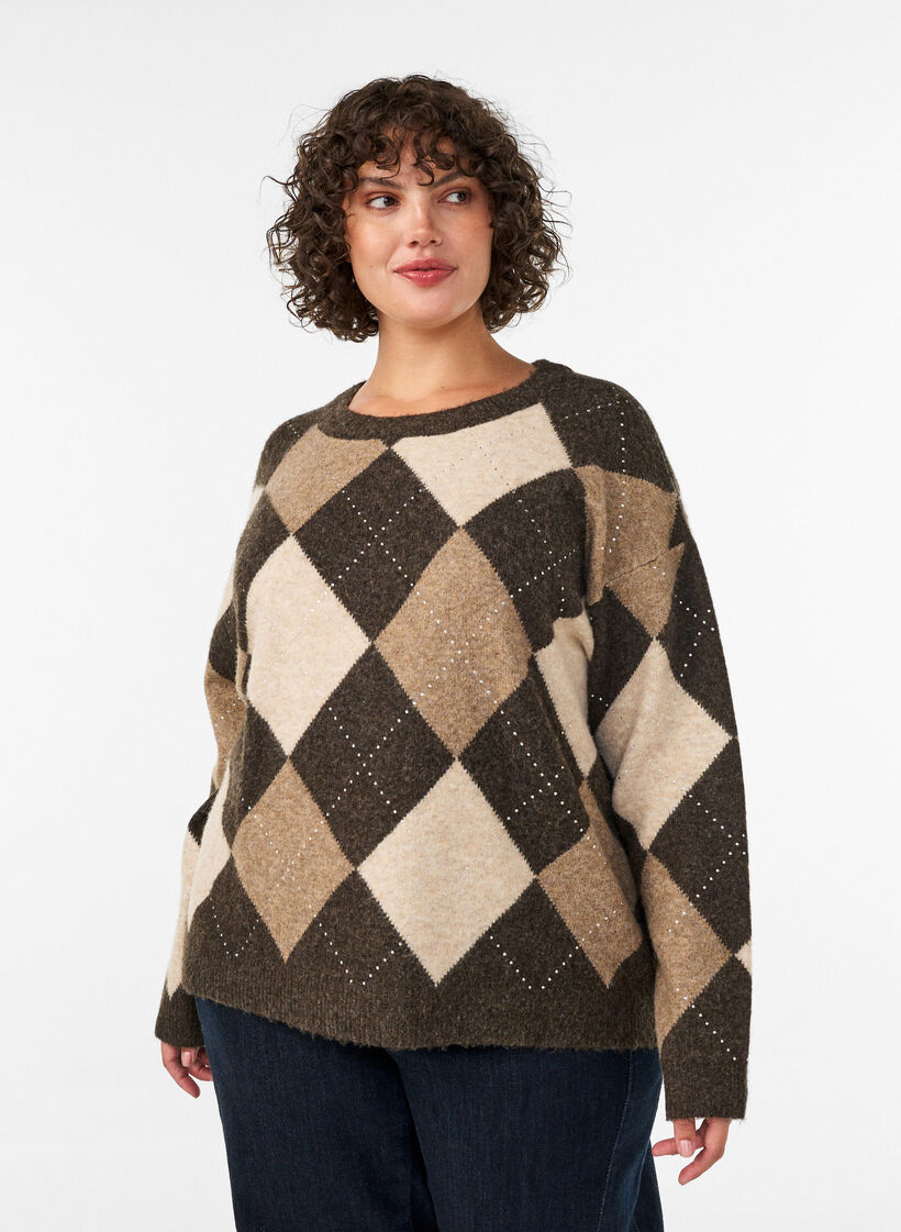 Haut en maille avec motif losanges et strass, Marron, Model image number 0