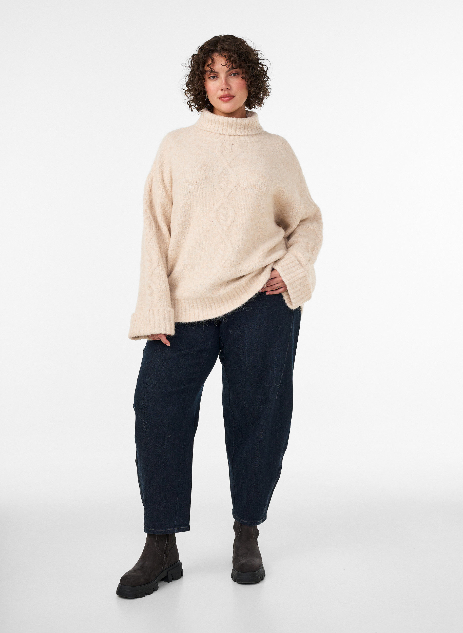 ZizziPullover mit Rollkragen und Zopfmuster, Vanille, Model image number 1
