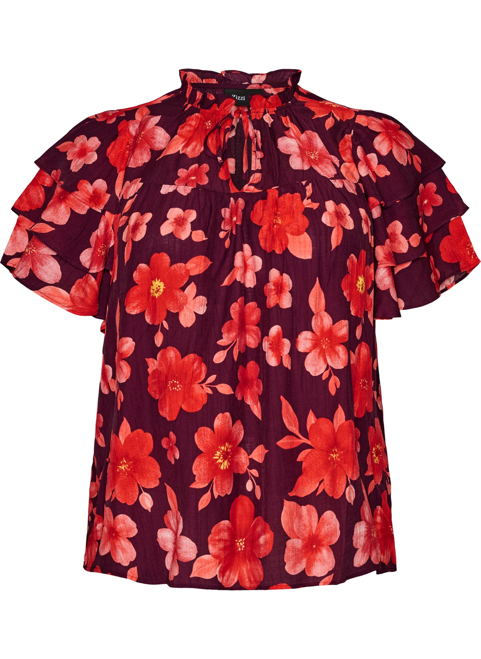 Blouse florale en viscose avec manches &agrave; volants