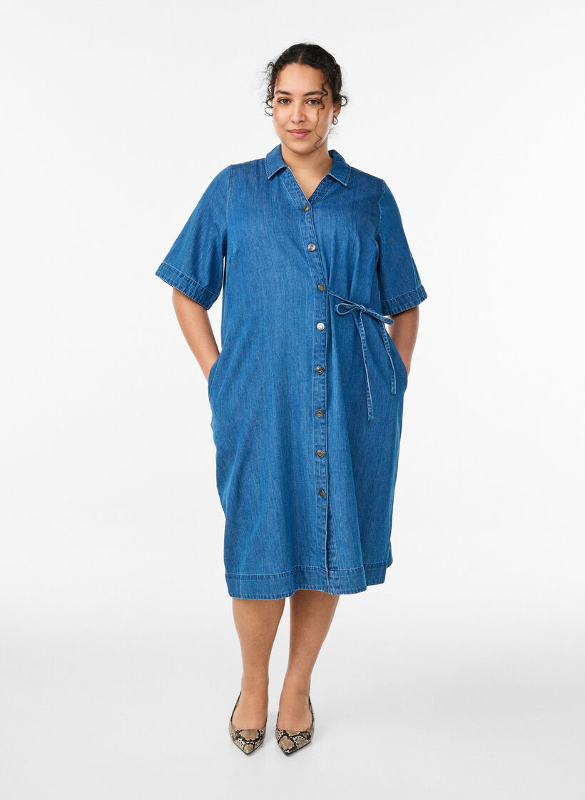 Jeanskleid mit Kn&ouml;pfen und Bindedetail, Blau, Model image number 1