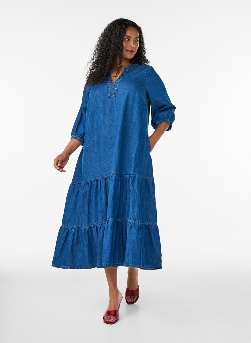 Robe longue en jean avec volants &eacute;tag&eacute;s, Bleu, Model image number 0