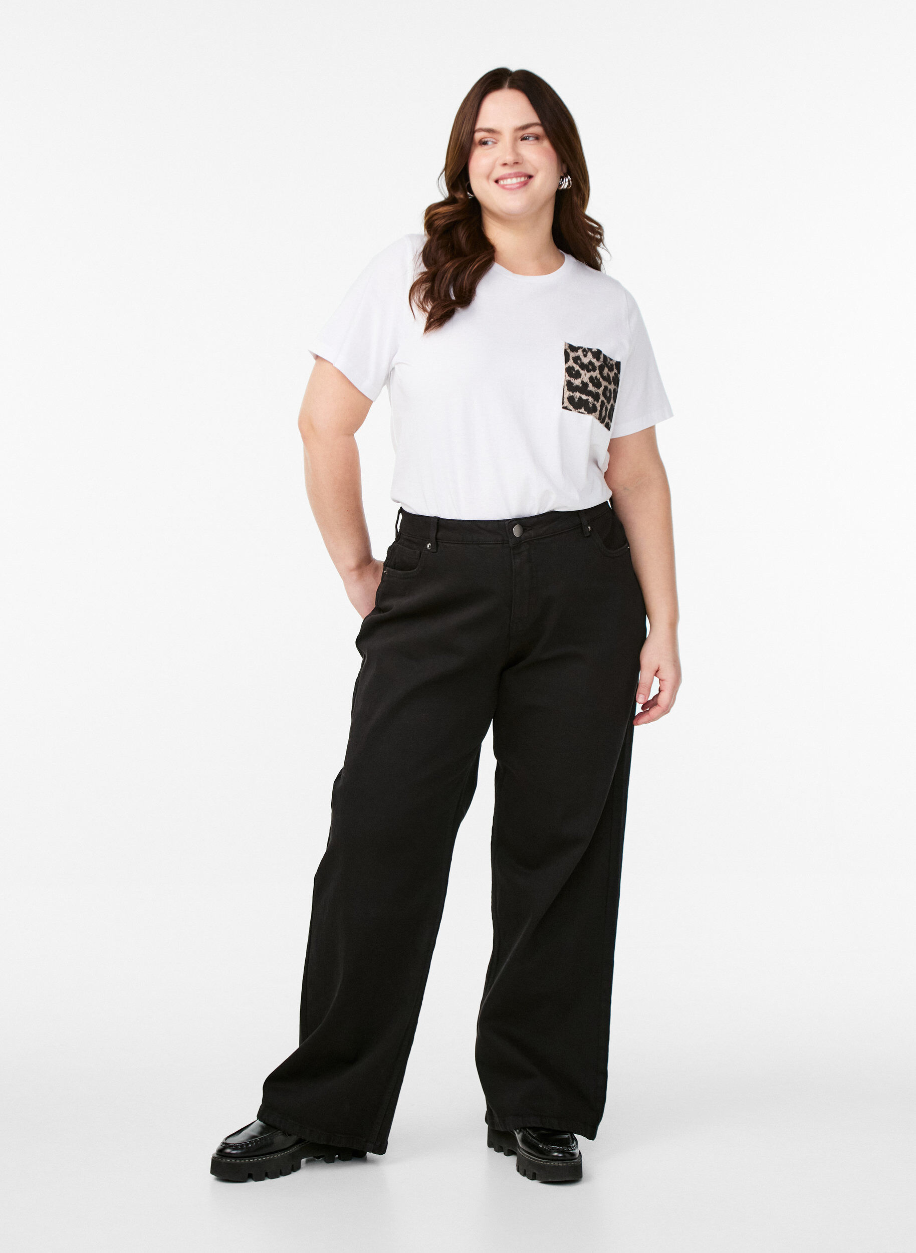 Jean &agrave; jambe large et taille haute, Noir, Model