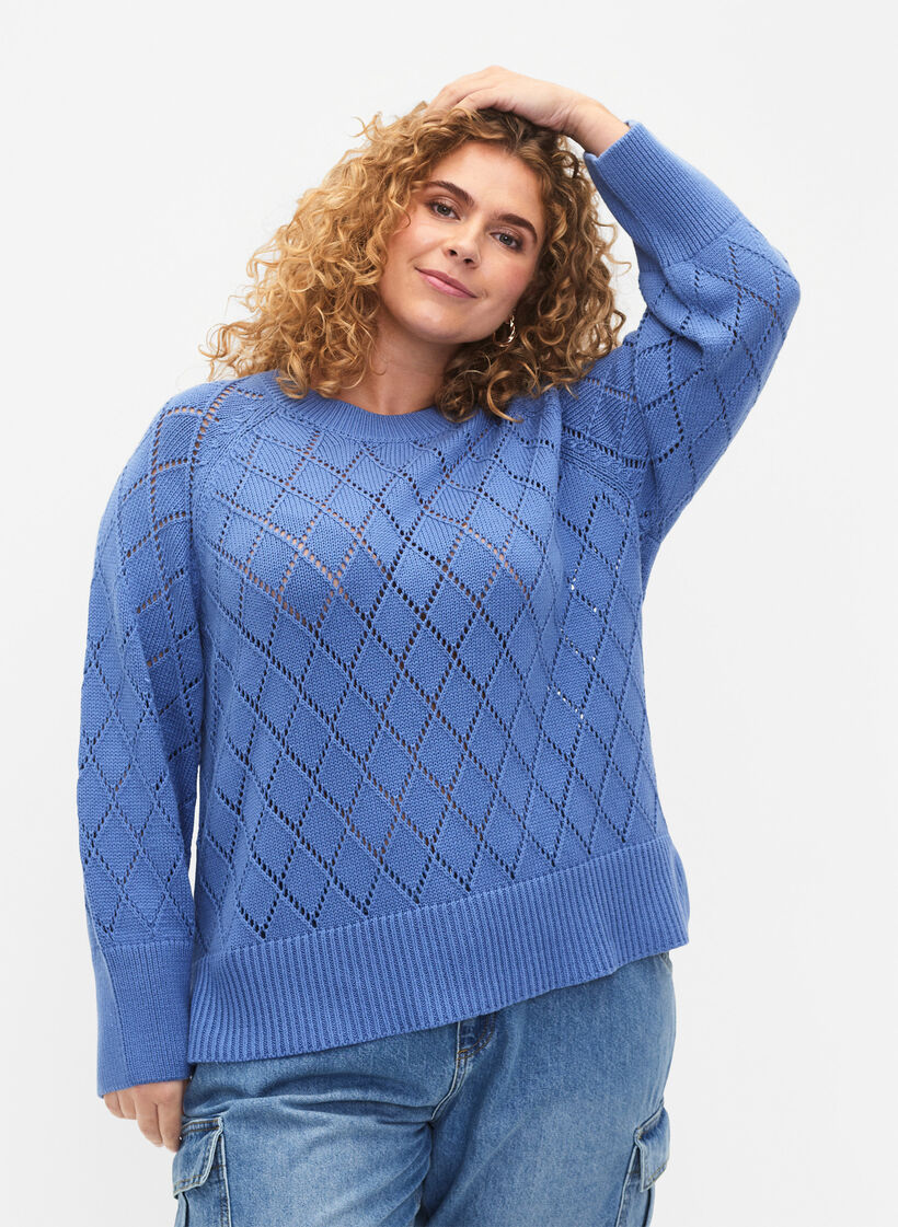 Langärmelige Strickbluse mit Lochmuster, Blue Bonnet, Model image number 0