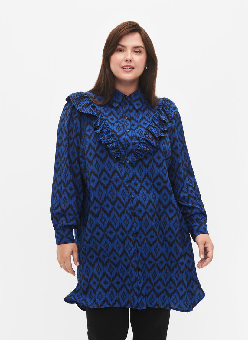 Chemise longue en viscose avec imprimé et volants, True blue w. Black, Model image number 0