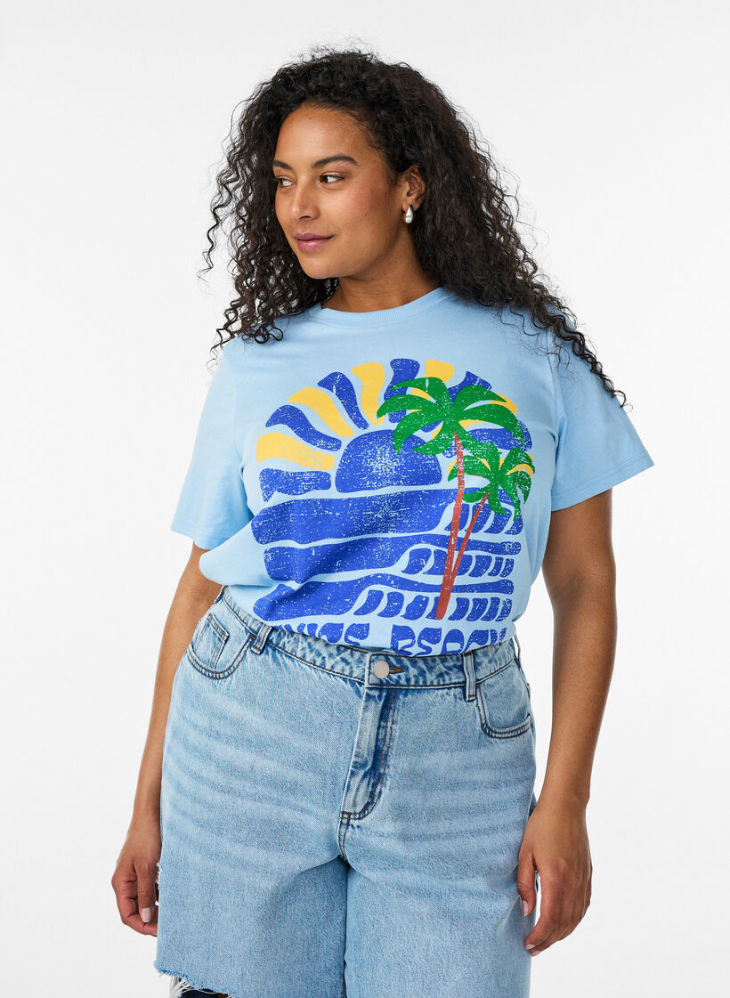 T-shirt en coton avec imprim&eacute;, Bleu, Model image number 0