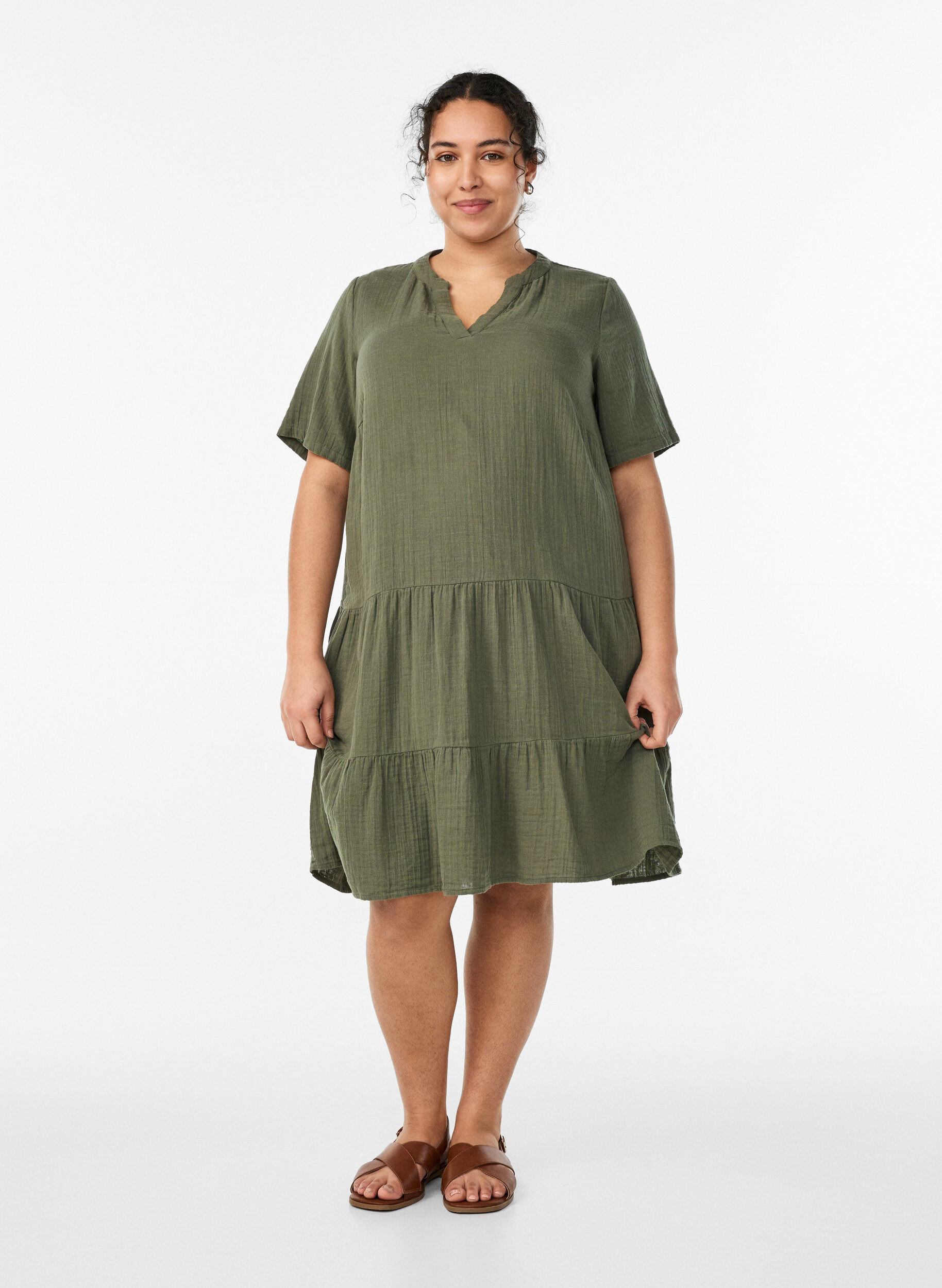 ZizziKurzes A-Linien-Kleid aus Baumwollmusselin, Gr&uuml;n, Model image number 1