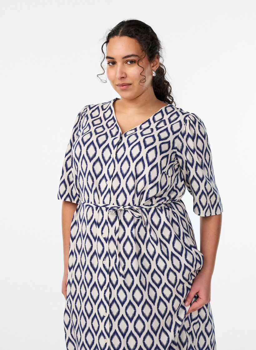 Robe midi imprim&eacute;e &agrave; ceinture &agrave; nouer, Vanille, Model image number 2