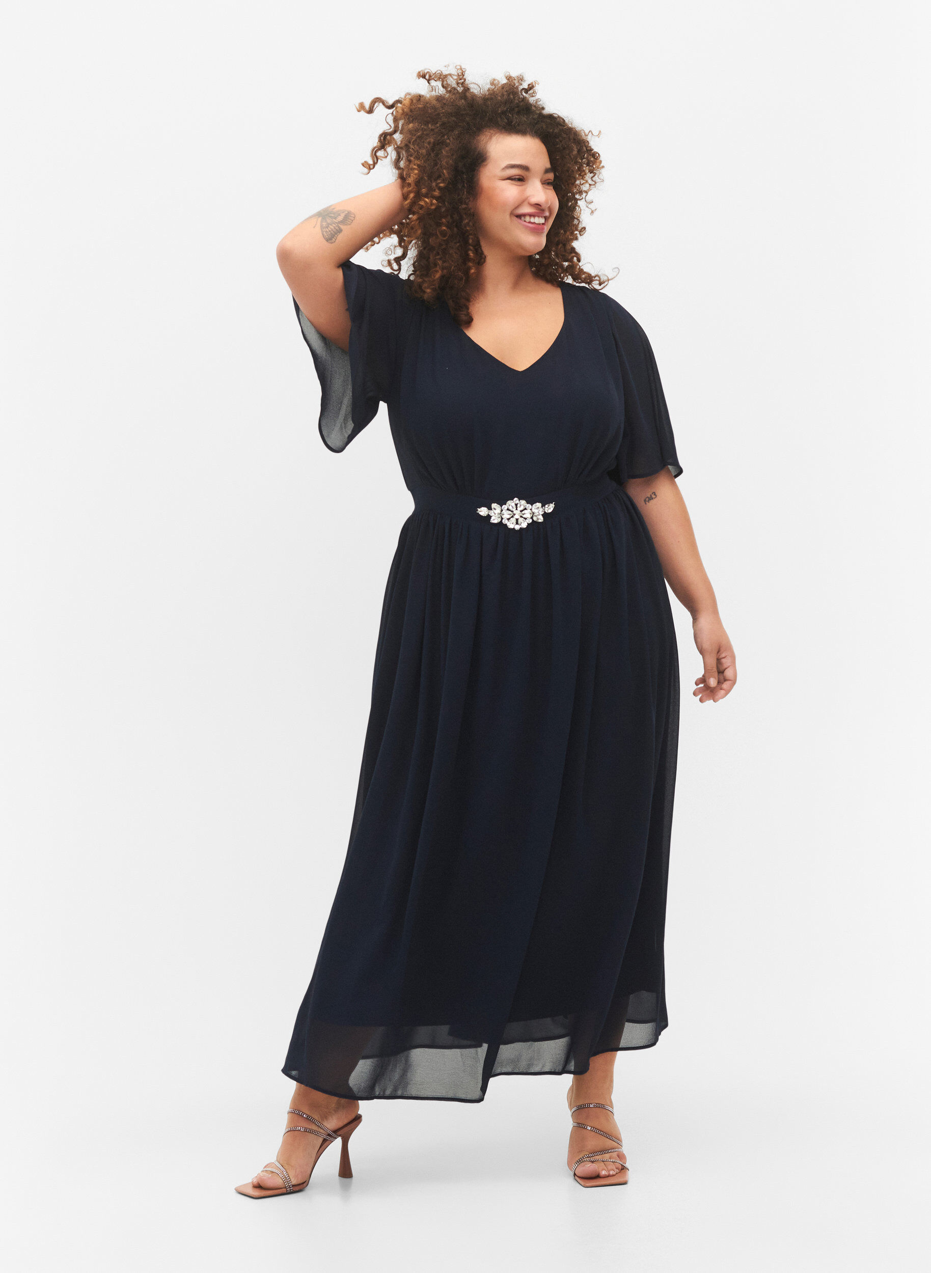 Zizzi Maxikleid mit Drapierungen und kurzen &Auml;rmeln, Total Eclipse, Model image number 0