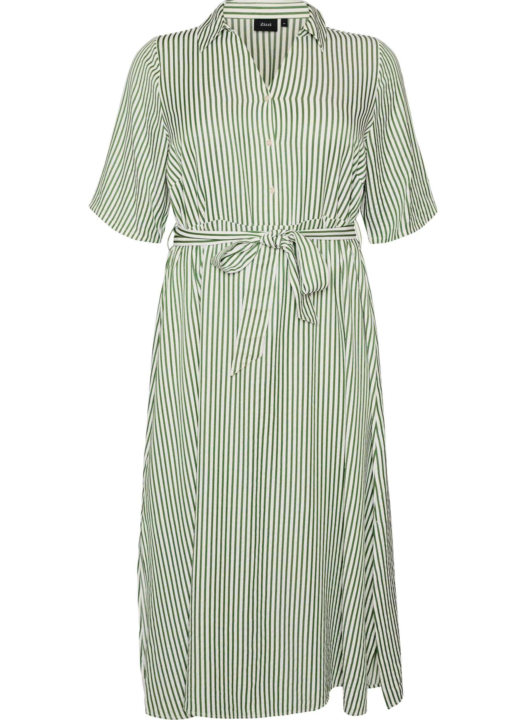 ZizziKn&ouml;chellanges Hemdblusenkleid mit Bindeg&uuml;rtel und Streifen, Gr&uuml;n, Packshot image number 0