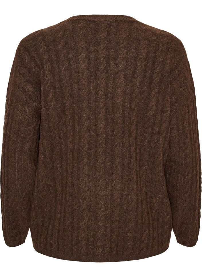 Bluse aus Strick mit Zopfmuster und V-Ausschnitt, Braun, Packshot image number 1