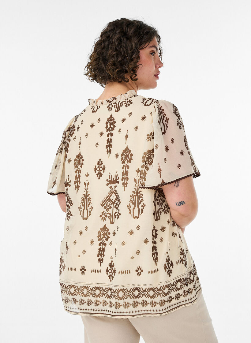Bluse mit Muster und H&auml;kelborte, Beige, Model image number 2