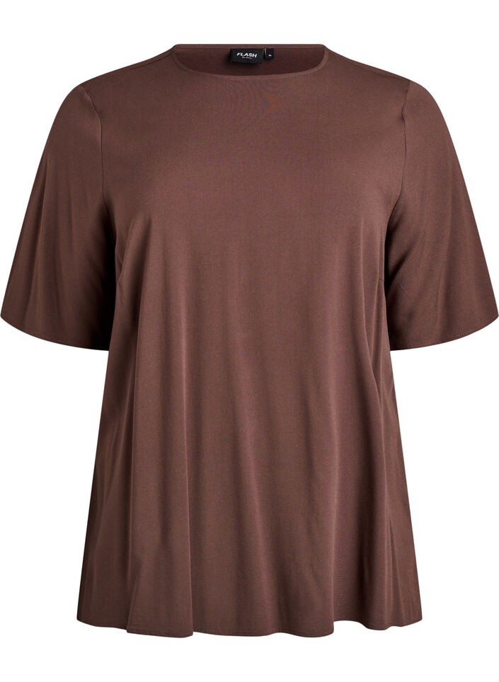 Kurz&auml;rmelige, gewebte Bluse mit Rundhals, Braun, Packshot image number 0