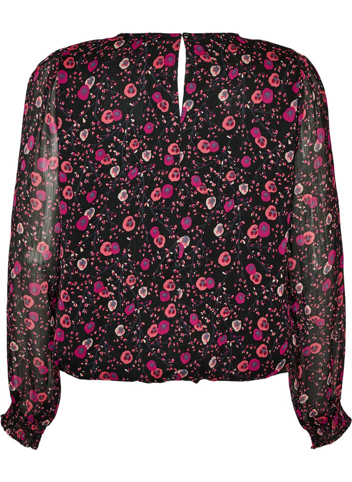 Blouse fleurie en mousseline &agrave; manches transparentes, Noir, Packshot image number 1