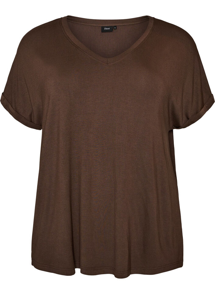 Basic T-Shirt aus Viskose mit V-Ausschnitt, Braun, Packshot image number 0