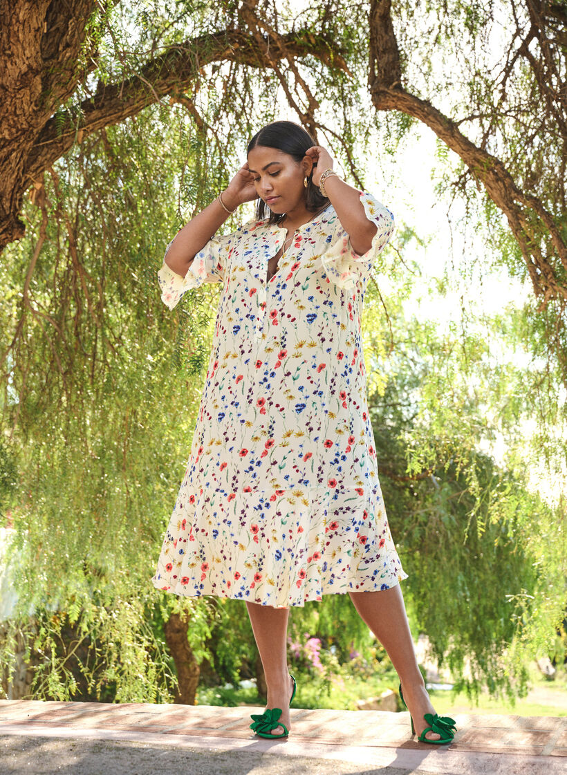 Gebl&uuml;mtes Midi-Kleid mit 3/4-&Auml;rmeln, Blau, Image image number 0