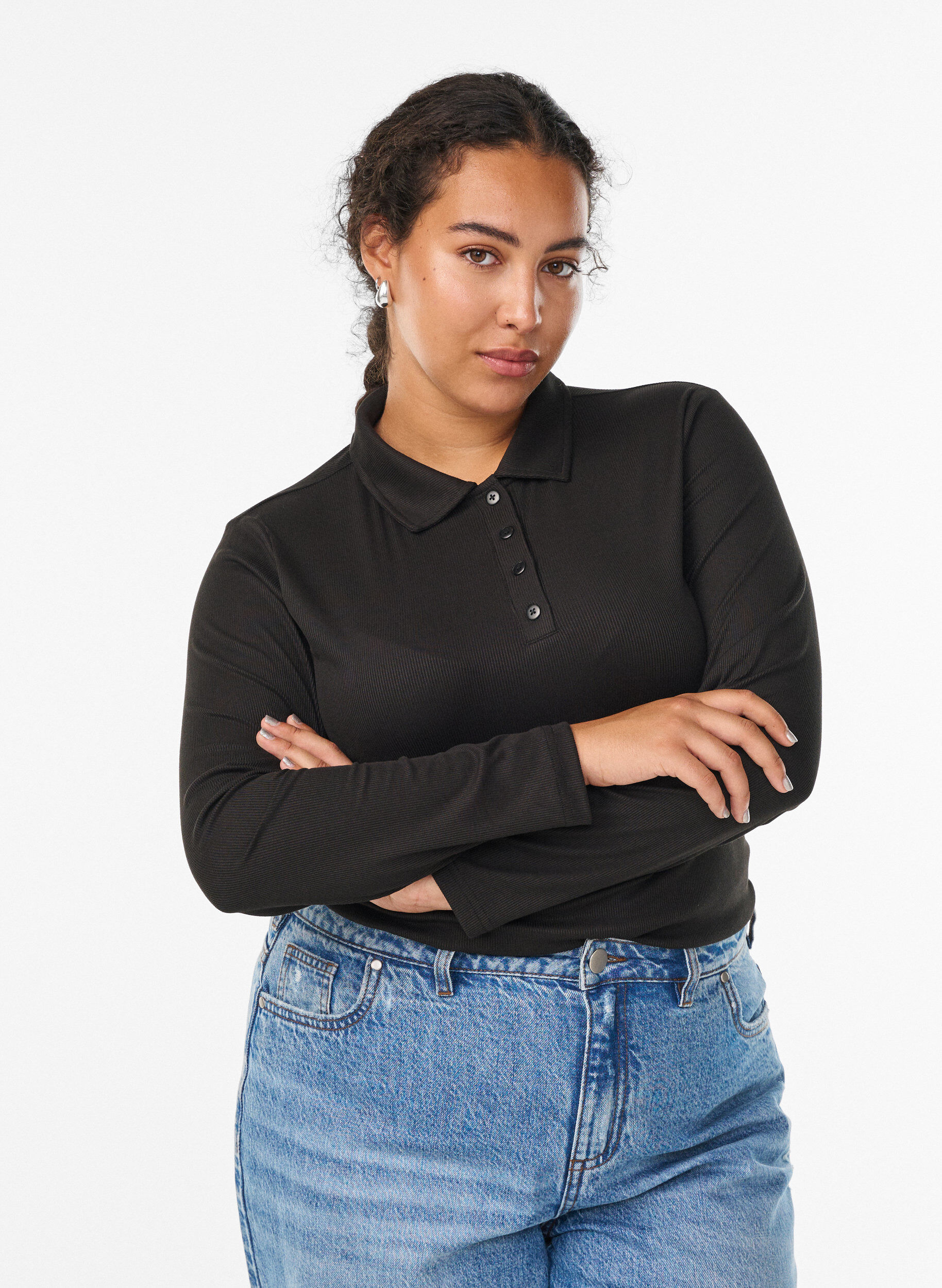 Zizzi Poloshirt aus weichem Ripp mit langen &Auml;rmeln, Schwarz, Model image number 0