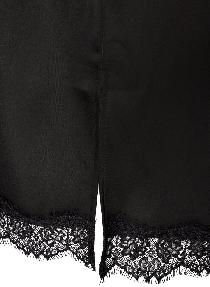 Langes Top aus Satin mit Spitzen, Schwarz, Packshot image number 3