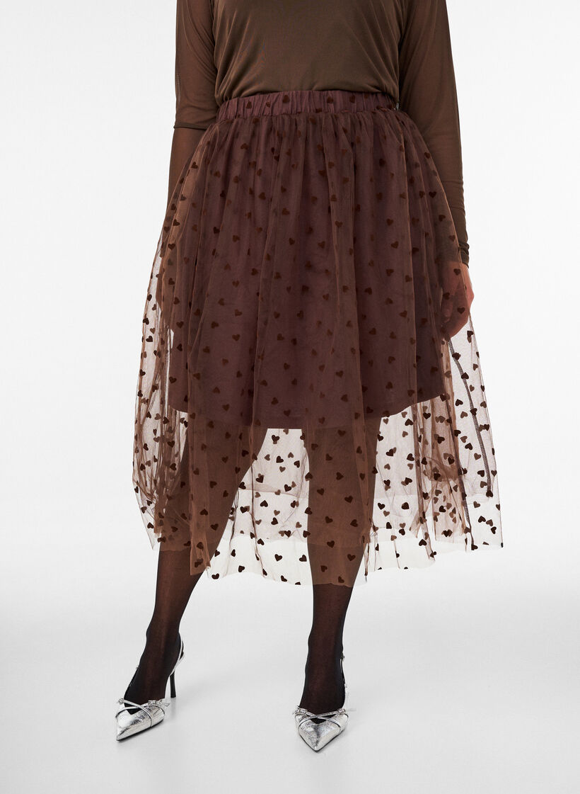 Jupe midi en tulle avec des c&oelig;urs, Marron, Model image number 0