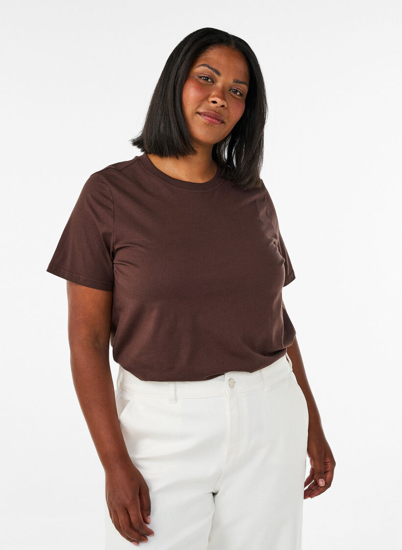 T-shirt basique en coton &agrave; col rond, Marron, Model image number 0