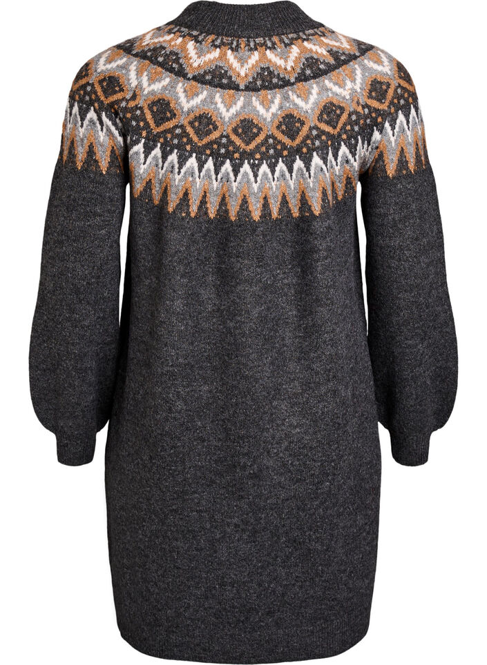 Strickkleid mit Jacquardmuster und Ballonärmeln, Grau, Packshot image number 1