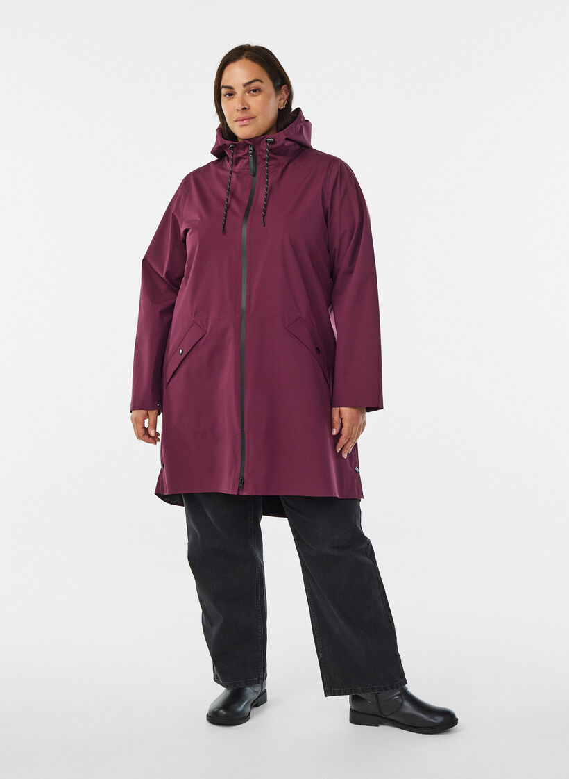 Regenjacke mit Taschen und Kapuze., Dunkles Bordeaux, Model image number 1