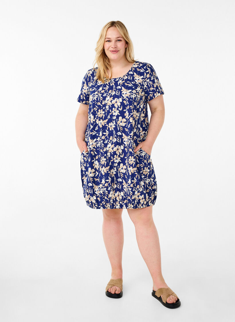 Kurz&auml;rmliges Baumwollkleid mit Blumenaufdruck, Blau, Model image number 1