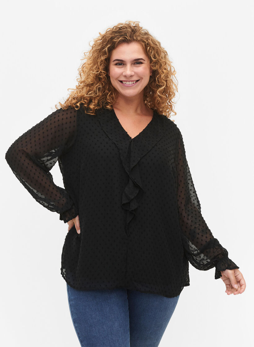 Blouse avec volants et texture en pointillés, Black, Model image number 0