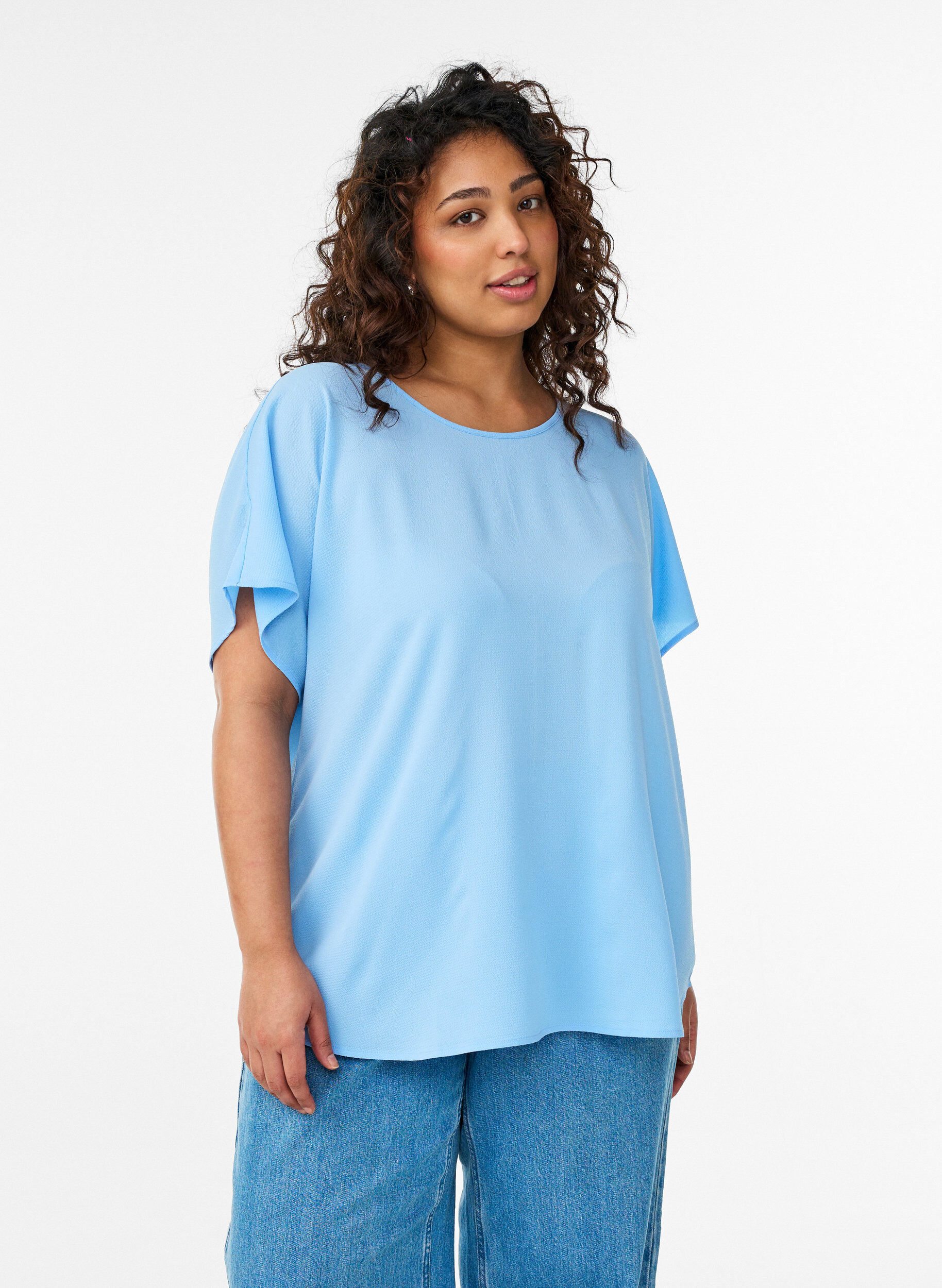Blouse &agrave; manches courtes et encolure ronde, Bleu, Model