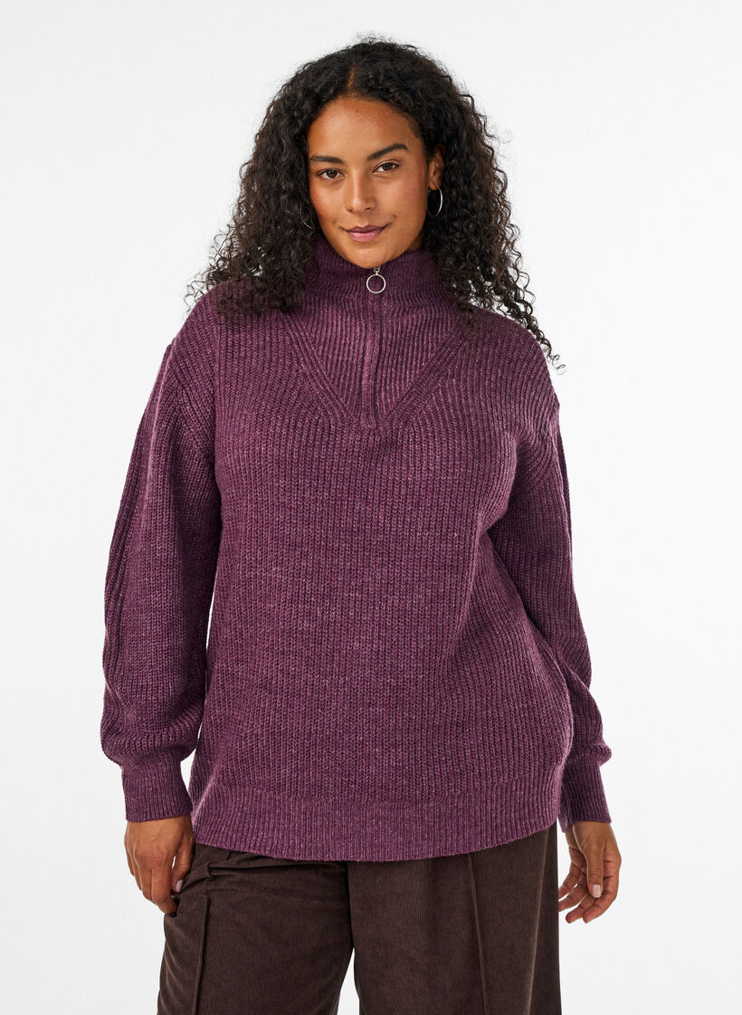 Pull en tricot avec col haut et fermeture &eacute;clair, Violet, Model image number 0