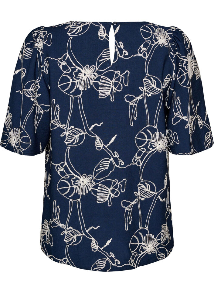 Kurz&auml;rmelige Bluse mit Stickmuster, Blau, Packshot image number 1