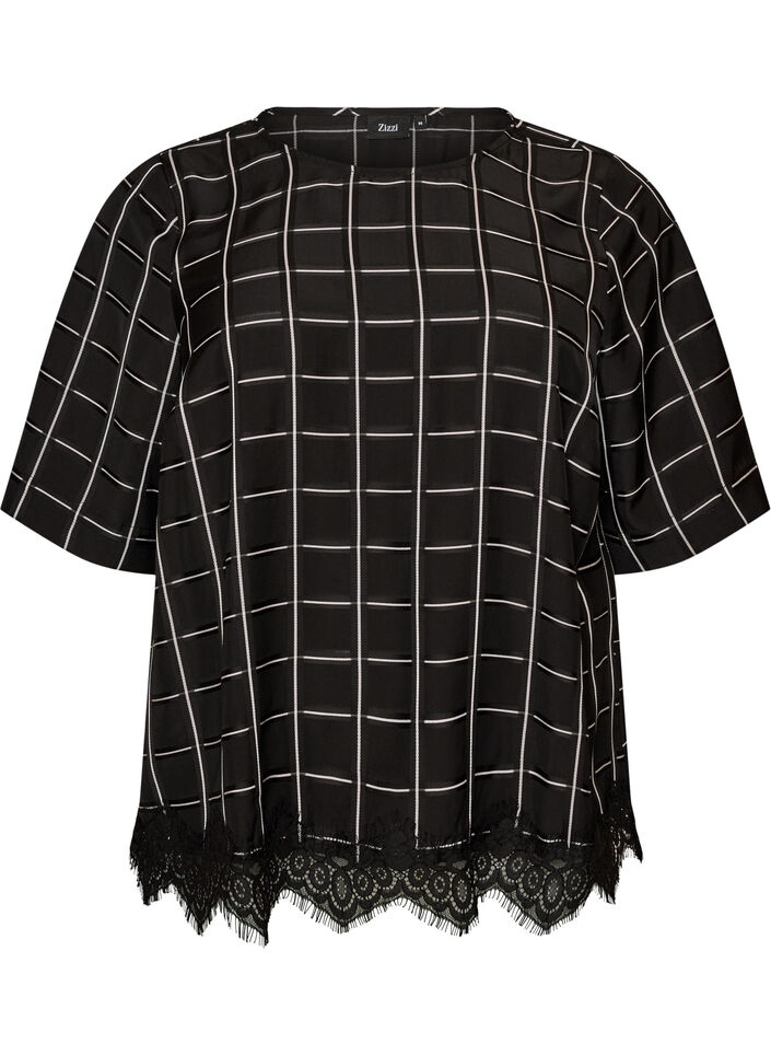 Karierte Bluse mit Spitzenbesatz und ellenbogenlangen &Auml;rmeln, Schwarz, Packshot image number 0